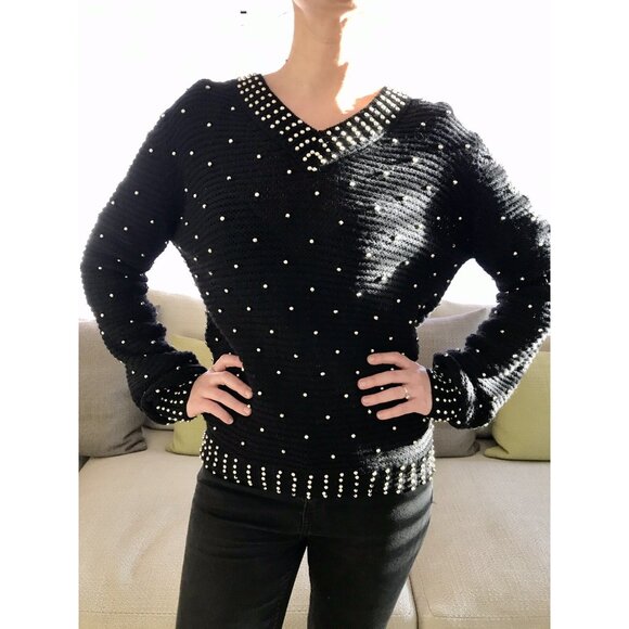 SEE BY CHLOE Black Wool Beads Embellished Jumper Sweater Sz USA 6 - Picture 2 of 16